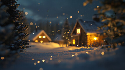 Naklejka premium A snowy night scene with houses and. Christmas, winter, village, houses trees, light, night, new,. New trees lit up the night. Christmas lights in the village at night with trees lifestyle in winter.