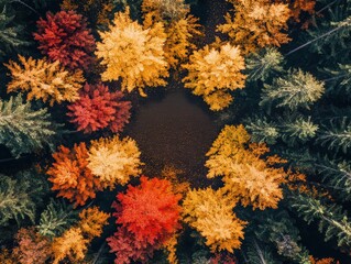 Autumn colors burst overhead vibrant forest aerial photography nature scenic view seasonal beauty