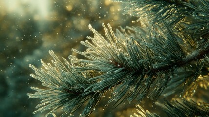 Frosty Pine Needles Glisten In Winter Sunlight