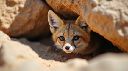 Fototapeta premium close-up of a desert fox peering out from behind a rock