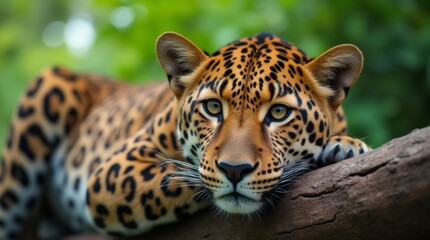 Obraz premium A close-up of a leopard lounging on a sturdy branch