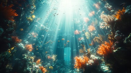 Fototapeta premium Exploring underwater ancient ruins with mystical light rays and schools of fish ocean depths photography serene environment