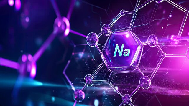 Sodium Atom in Futuristic Molecular Structure with Glowing Purple and Blue Chemistry Design