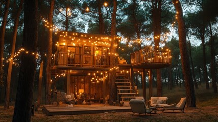 Magical treehouse adventure in hidden forest enchanting lighting outdoor retreat dreamy atmosphere
