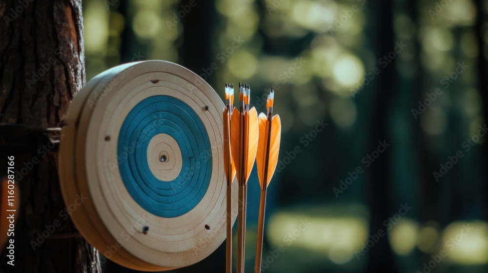 Poster An intricate archery range setup, Bow and arrows neatly arranged against a forest backdrop, Traditional craftsmanship style