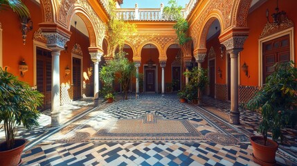 Obraz premium Captivating mosaic courtyard historic location architectural photography lush environment topdown perspective cultural heritage
