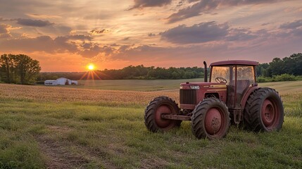 Obraz premium Vintage tractor operating in expansive green field during vibrant sunset over serene maryland farm landscape
