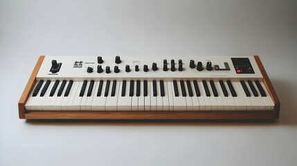 A keyboard instrument featuring black and white keys, knobs, and a digital interface.