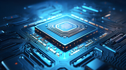 Fototapeta premium Futuristic Microchip Processor with Illuminated Blue Background, High-Tech Quantum Computer Concept for Advanced Data Processing and Database Management.