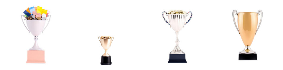 Colorful trophies filled with coins, representing achievement, success, and stitched fabric design in a dynamic arrangement
