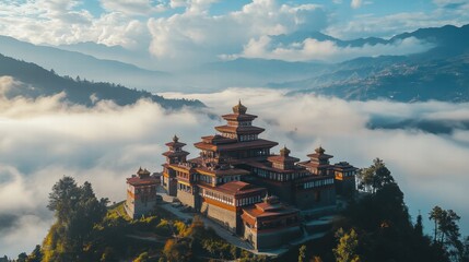 Serene monastery on mountaintop aerial view peaceful environment nature spirituality