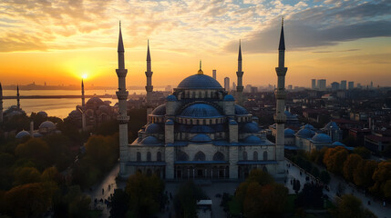 Naklejka premium Iconic mosque skyline at sunset in bustling city with scenic view : Generative AI