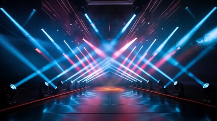 A vibrant stage illuminated with dynamic beams of colorful light