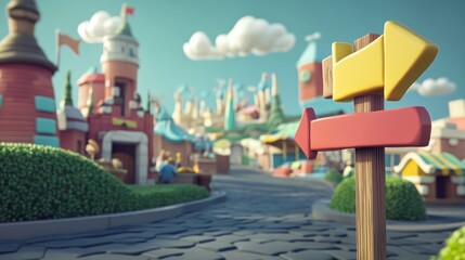 Cartoon town path signpost.