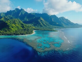 Stunning aerial view of a vibrant tropical island paradise in the pacific ocean nature photography scenic landscape