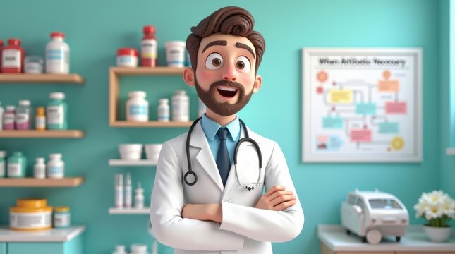Cheerful doctor interacting with patients medical clinic 3d animation bright environment front view health awareness