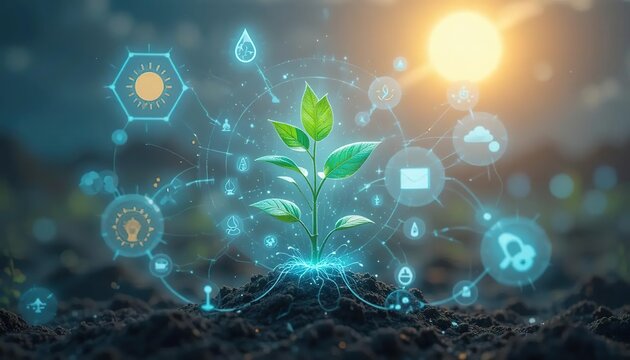 A single plant surrounded by holographic icons representing sunlight, water molecules and the transpiration process, with the sun shining in the background.