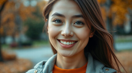 Fototapeta premium Young woman with long brown hair and a bright smile, standing outdoors in the fall