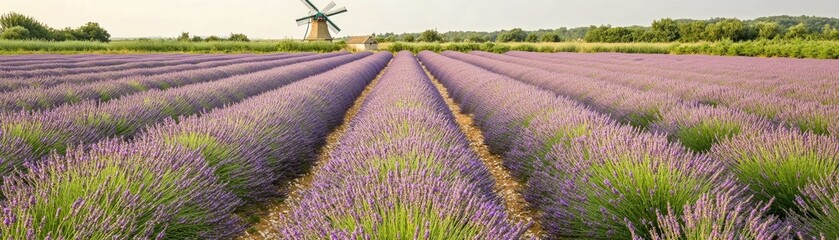 Naklejka premium A scenic lavender field with rows of purple flowers and a windmill in the background.