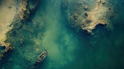 Overhead view of a shipwreck in shallow clear water marine environment aerial photography nautical concept