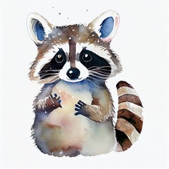Watercolor cute raccoon. Cartoon style. Generative Ai