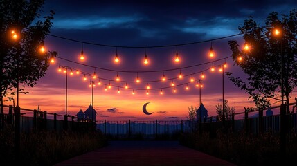Illuminated pathway at sunset with crescent moon.