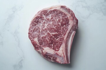 Fototapeta premium Prime Rib Eye Steak on Marble Background A Gourmet Cut of Beef Ready for Cooking