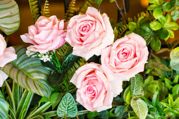 Elegant Pink Artificial Roses with Green Leaves for Decorative Arrangements and Events
