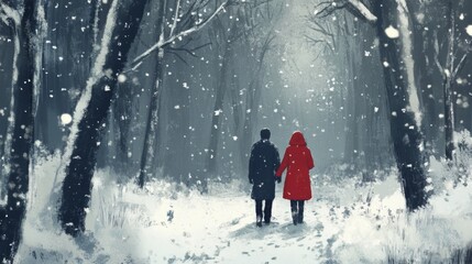 Couple holding hands walking snowy path in winter forest.