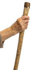 A wooden stick in a old man hand in the concept of help and support