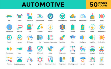 Automotive icon set with car, engine, hybrid car, electric vehicle, wheels, steering wheel, dashboard, speedometer, gearshift, brakes icon. Simple flat color vector 
