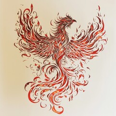 Fiery phoenix bird design, intricate swirls, red and orange flames.