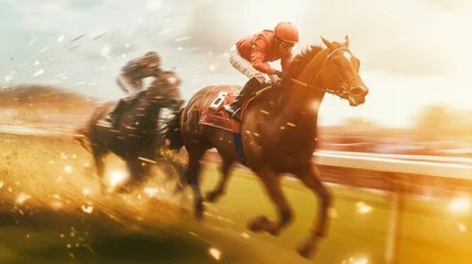  Two jockeys racing horses on a track. Racing, horses, sports, betting betting, jockey, rush, competition. Jockeys rush to the finish line during a race. Jockey rushes horses during sports. Lifestyle. © maxximmm