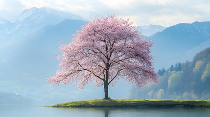 A magnificent and beautiful cherry blossom tree standing alone, with beautiful mountain and lake...