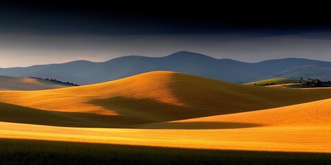 Obraz premium Burnout recovery energy concept. Golden hills under a dark sky with distant mountains in the background.