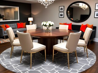 A modern dining table with a vase of flowers on it and a lamp above it