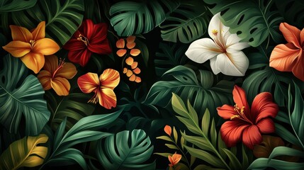 Lush Tropical Foliage and Vibrant Flowers