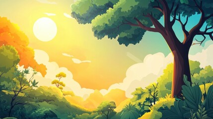 A Lush, Sunny Jungle Landscape with a Prominent Tree
