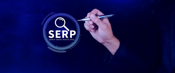 SERP, Search Engine Result Pages concept, magnifying glass with text SERP, can be used for...