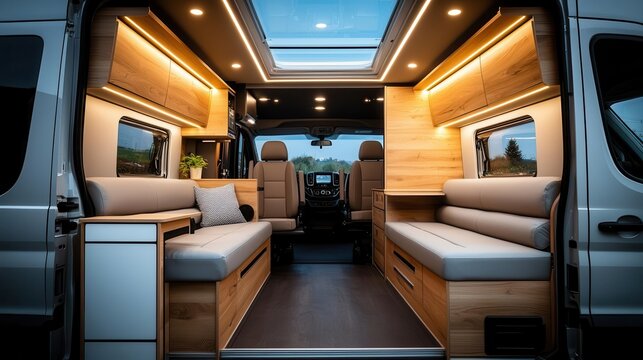 A luxurious camper van interior with leather recliners, wood accents, and a large skylight