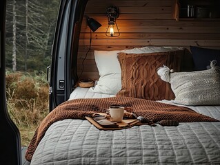 A warm, inviting van interior with a quilted bedspread and lanternstyle lighting