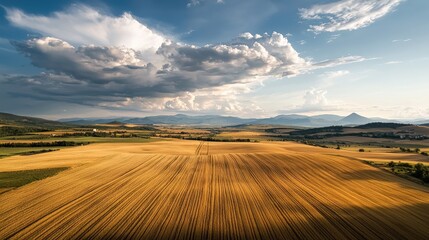 Fototapeta premium A panoramic view of golden fields under a dramatic sky, showcasing the beauty of rural landscapes and natural scenery.