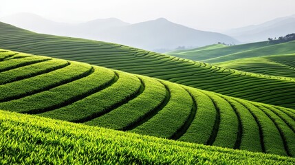 Lush, rolling green hills adorned with neatly arranged tea plants create a serene, picturesque landscape under a soft, hazy sky.