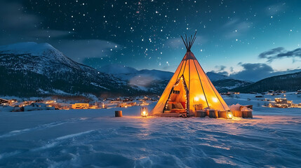 A cozy teepee illuminated at night, surrounded by snow and mountains under a starry sky.