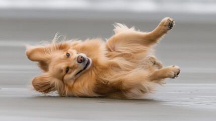Happy golden dog rolling on sandy beach.