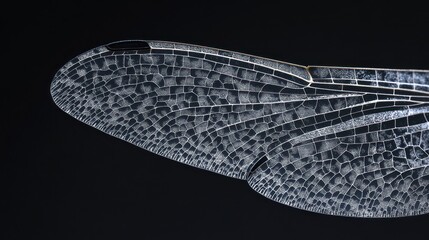 Close-up of a dragonfly's wing, showcasing intricate vein patterns and translucent texture against a black background.