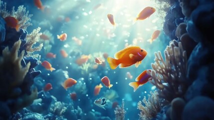 Fototapeta premium Vibrant coral reef scene with orange fish swimming in sunlit water.
