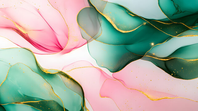 Abstract Luxury green, pink, and emerald green leaf motive marble texture with gold veins, with golden elements, It features an elegant and modern style.