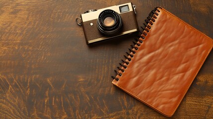 Capturing memories vintage camera and leather journal on wooden table