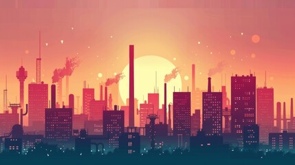 Vibrant sunset over an industrial cityscape featuring tall buildings, chimneys, and silhouettes of machinery creating a striking urban skyline in warm hues